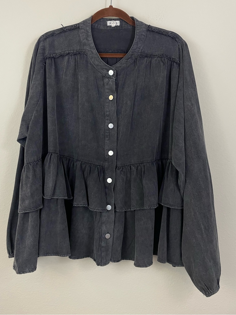 POL Black Ruffled Tiered Babydoll Button-Front Top Jacket Size L Boho-Western